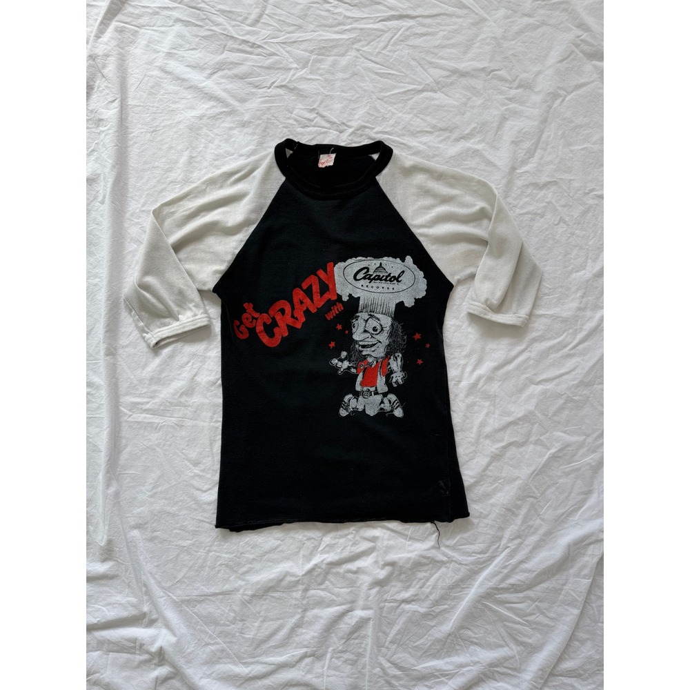 70s Capitol Records Get Crazy Raglan T-Shirt A&A Records Black White